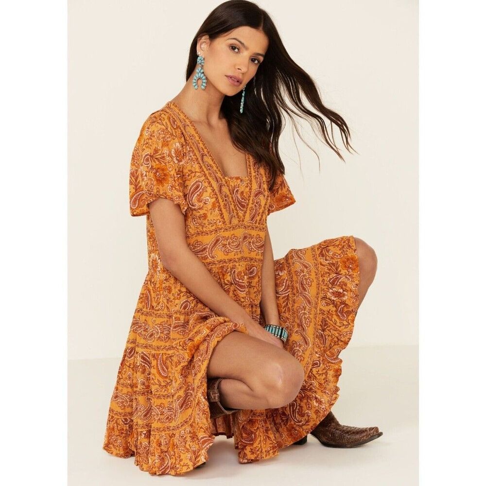 PATRONS OF PEACE Anthro Toluca Border Orange Yellow Paisley Tiered Dress Tunic M